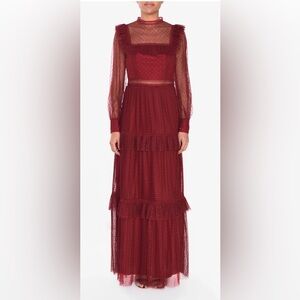 TRUE DECADENCE burgundy polka dot mesh long dress